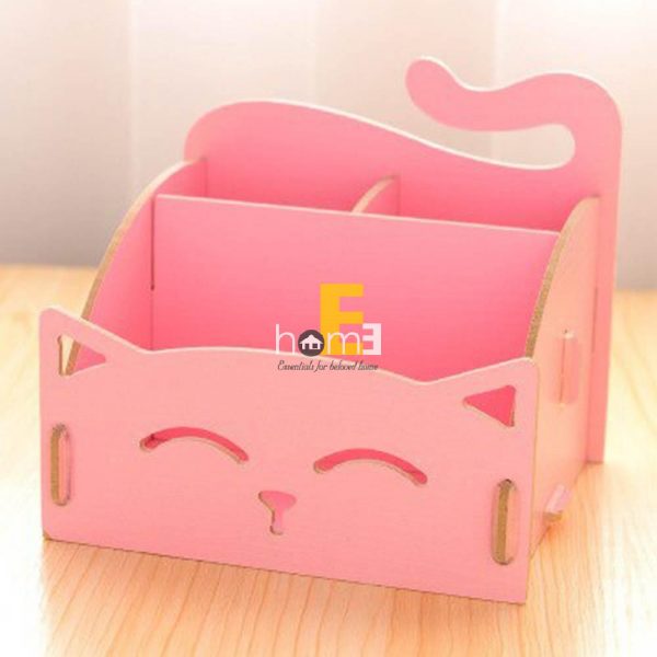 Khay gỗ đựng đồ nhiều ngăn hình mèo màu hồng MiniDeco027
